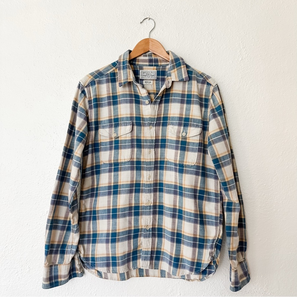 Lucky Brand Mens Yellow & Blue Plaid Flannel Long Sleeve Button Down Shirt